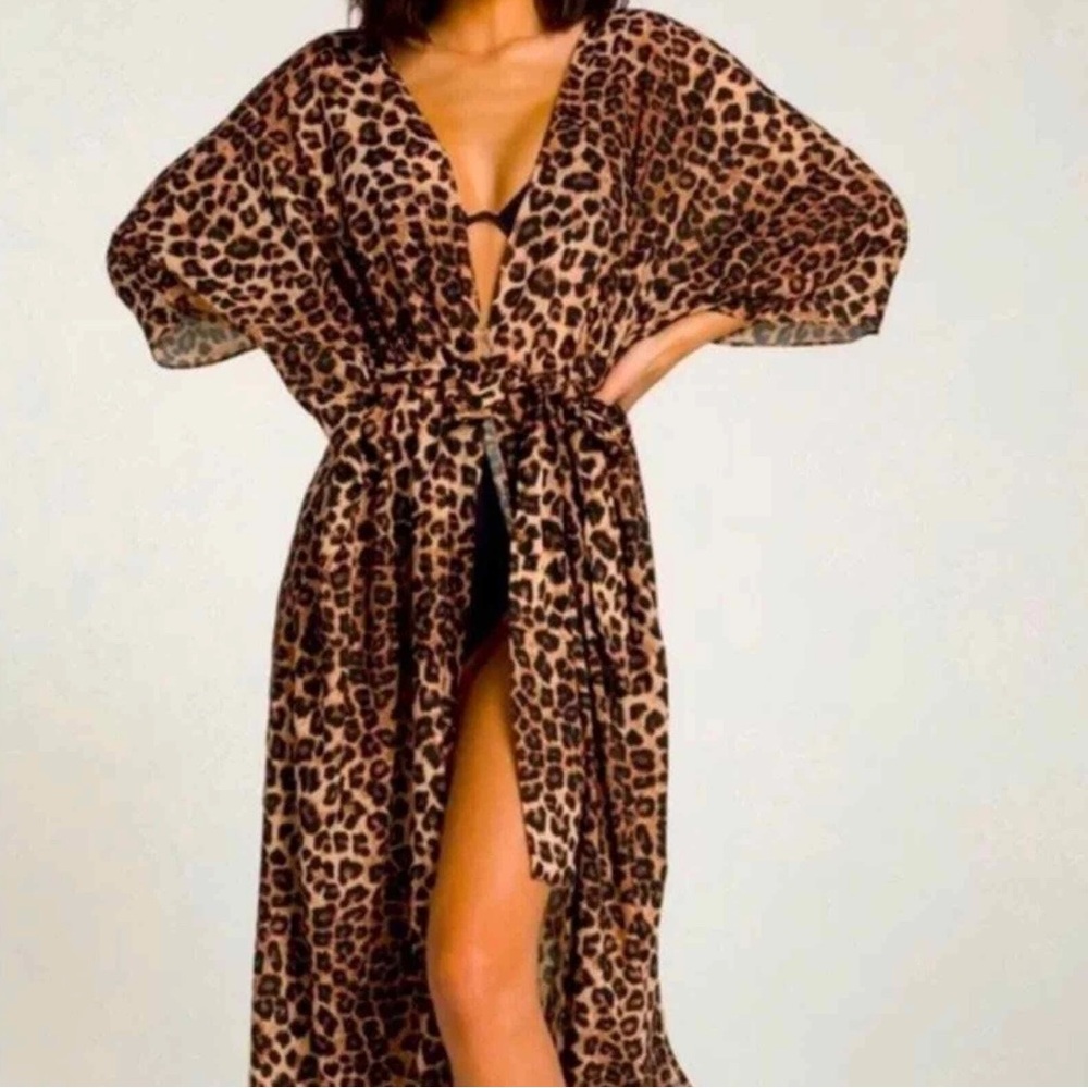 NWT America& Beyond Cheetah Animal Print Tie Front Maxi Coverup Duster Kaftan M